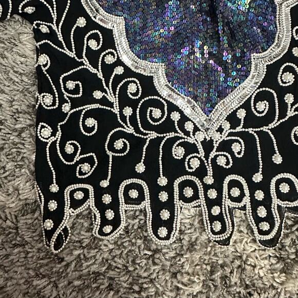 Vintage 80s Frank Usher Black Silk Heavily Sequin Beaded Blouse Evening Top M - Picture 6 of 10